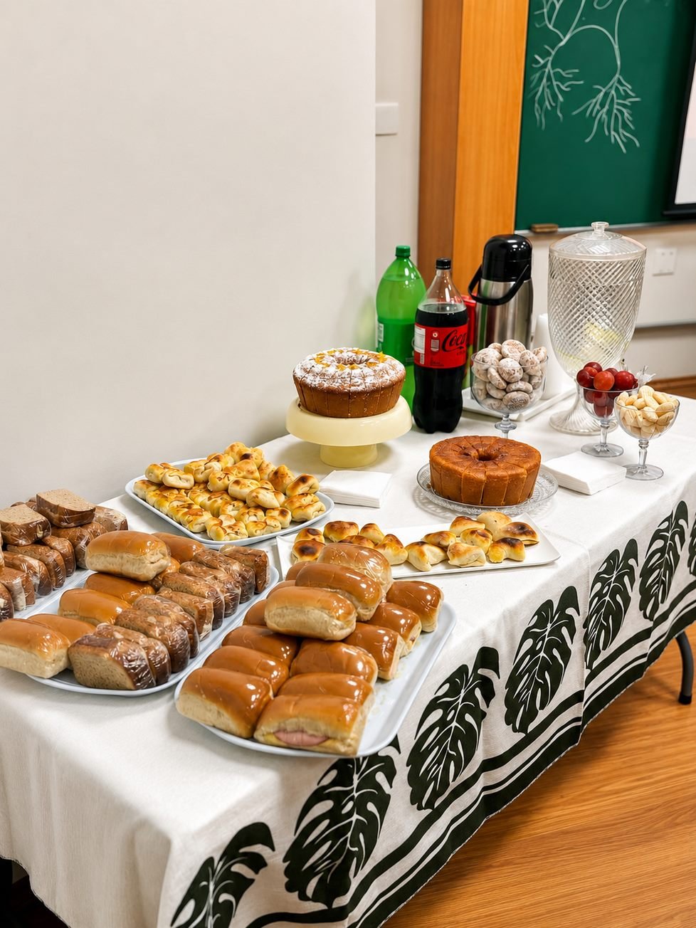 Mesa de coffee break da Dona Tufika com bolos, salgados e pães artesanais